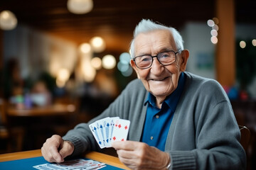 Happy senior man playing card games with friends, activity social networking in nurs home. Concept enjoying playtime together in poker game, old men - Powered by Adobe