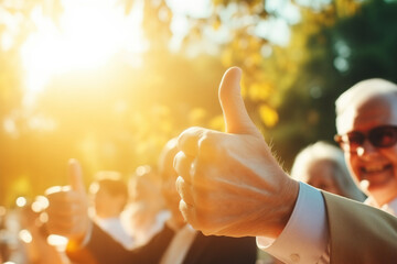 Happy elderly people show thumb up good, closeup of hands with sunlight, banner concept good pension
