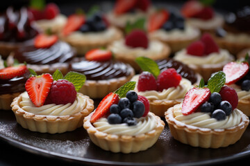 Assorted desserts mini tarts with berries, background