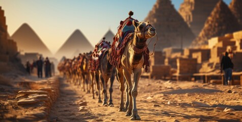 Camels caravan. Panorama Illustration. Pyramids in the background. Image for a post card or a web design ad, poster, flyer, banner, wallpaper background. - obrazy, fototapety, plakaty