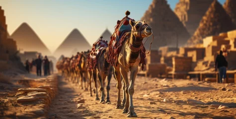 Foto op Canvas Camels caravan. Panorama Illustration. Pyramids in the background. Image for a post card or a web design ad, poster, flyer, banner, wallpaper background. © Yuliia
