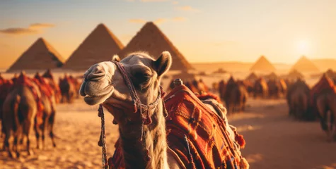 Foto op Canvas Camel in the desert. Pyramids in the background. Cairo, Egypt, Africa. Image for a post card or a web design ad, poster, flyer, banner, wallpaper background. © Yuliia