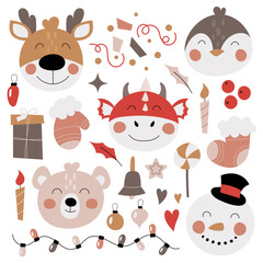 Set of cute little animals with Christmas decorative elements in flat style. Children's doodle hand drawn in cartoon style.
