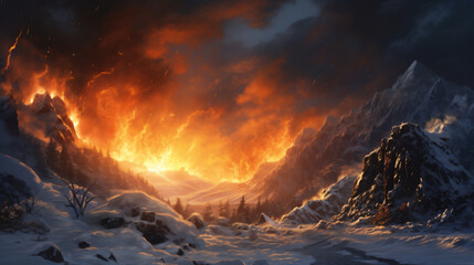 Fototapeta premium A massive forest fire in the mountains ignited by flowing lava