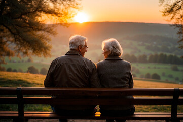 pareja de ancianos disfrutando una puesta de sol, el amor no tiene edad. - obrazy, fototapety, plakaty