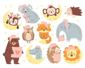 Cute relaxed cartoon baby animals characters wearing cap having sweet dreams sleeping isolated set