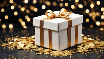 A white gift package with a gold bow on gold coins against a black background.