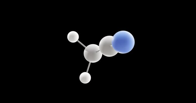 Acetonitrile molecule, rotating 3D model of organic nitrile, looped video on a black background