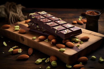 Chocolate bar with almond and pistachios on wooden board rustic