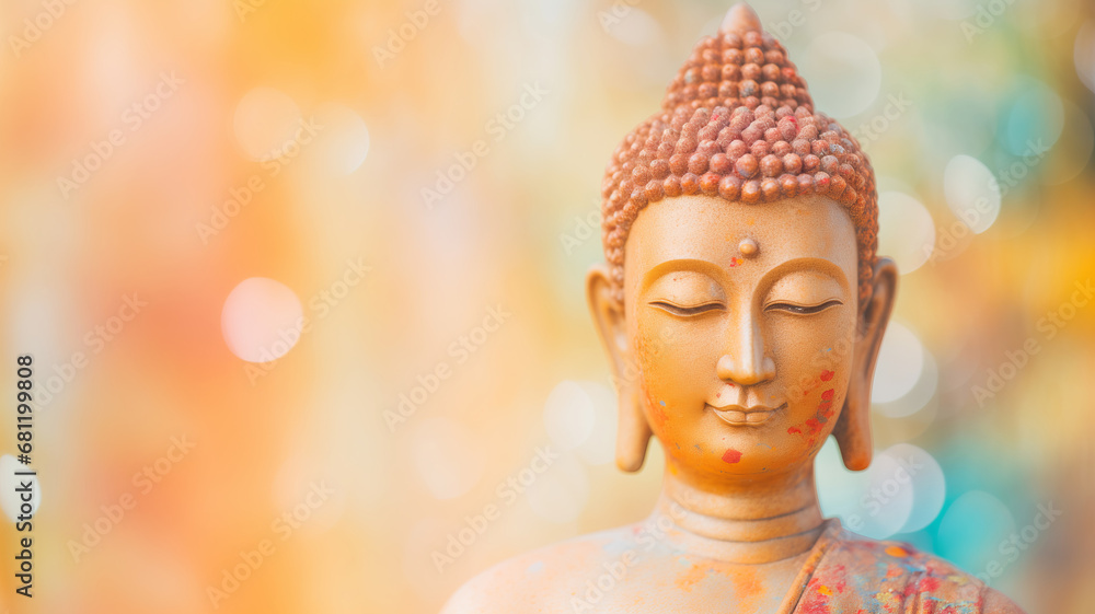 Wall mural buddha statue meditate on harmony background with light bokeh. banner vesak day