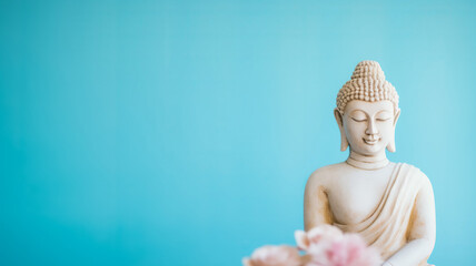 Buddha statue meditate on harmony background with light bokeh. Banner Vesak day