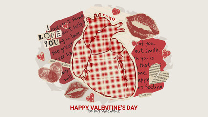 Collage for Valentine's day decoration. Contemporary art collage for Valentine's Day with halftone heart and paper cut out symbols of Valentine's Day. Retro vector illustration.