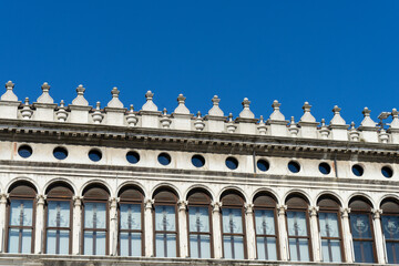 Close-up Procuratie Vecchie, Old procuracies, building by Bartolomeo Bon, Piazza San Marco, St Mark's Square, Venice, Italy