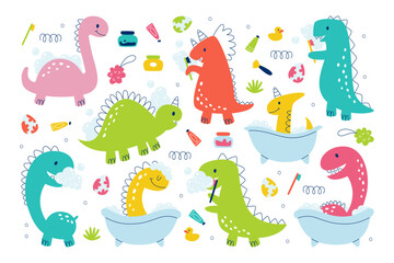 Cute colored hand drawn baby dinosaur characters washing, taking bath and brushing teeth set