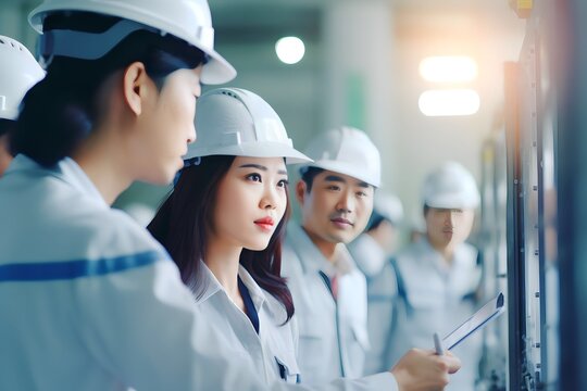 Asian engineering team having meeting discussing planning with whiteboard, presenting work flow - Powered by Adobe