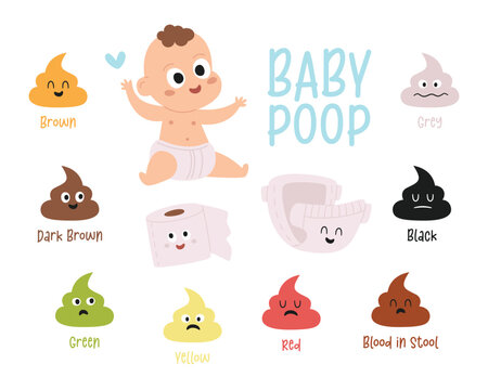 Variety of baby poop color cute kawaii emoticon isolated set to diagnosis newborn child health