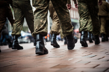 Boots on the Ground: Ground View of Soldiers Marching on the Streets. Ai generative