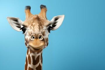 Elegance in Blue: Close-Up of Giraffe Head on a Blue Background. Ai generative