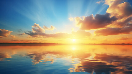 Fototapeta premium Sunset Over the Sea with Hills on the Horizon. Ai generative