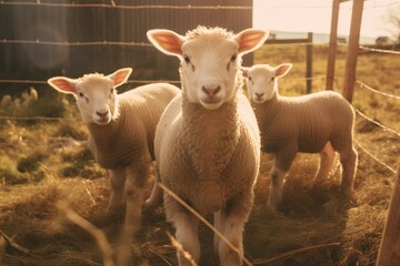 Obraz premium Friendly Faces: Curious Lambs at the Farm Gazing at the Camera. Ai generative
