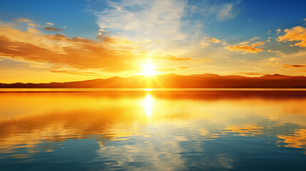 Obraz premium Sundown Serenity: Sunset Over the Sea with Hills on the Horizon. Ai generative