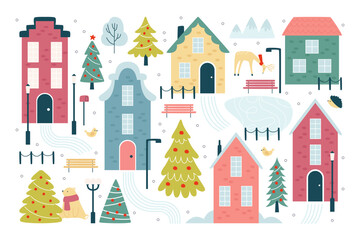 Winter Christmas streets with residential buildings and decorated spruce in town vector illustration