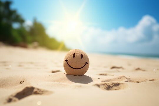 Smiling Emoji on a Beach in the Morning. Ai generative