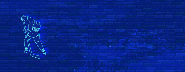 Ultra blue background with brick texture. Hockey kid player with stick.
