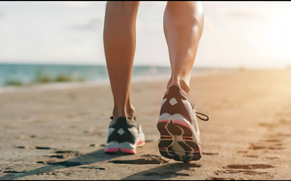 Woman in sneakers walking on the beach on a sunny morning, close-up. Summer jogging on the beach. Toned image  Generative AI
