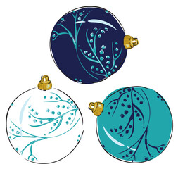 New Year's holiday tree decorations. Dark and light round balls with a pattern of winter branches. Ideal for cards, posters, prints, packaging, fabric, clothing. Vector image.