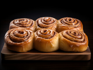 Obraz na płótnie Canvas Close up of fresh baked cinnamon rolls on wooden plate, black background