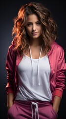 Fototapeta premium Portrait of a beautiful fashionable woman in pink sport clothes. Vertical studio shot.