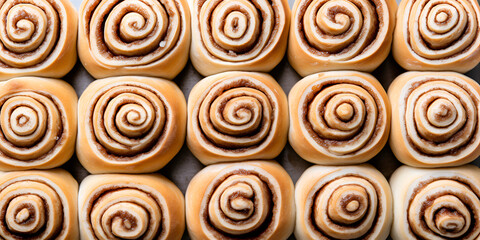 Top view of delicious fresh baked cinnamon rolls on baking sheet