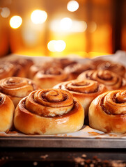 Obraz na płótnie Canvas Close up of fresh baked cinnamon rolls on baking sheet, on table with blurry background