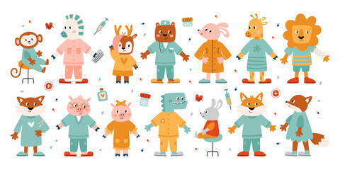 Cute zoo and forest animal doctor in medical uniform and sick or injured patient vector illustration