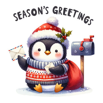 Cheerful penguin with Christmas sweater and hat, delivering letters, next to mailbox, with Season's Greetings