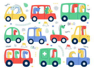 Childish funny dinosaur racer enjoying adventure traveling by car isolated set on white background © Mykola Syvak