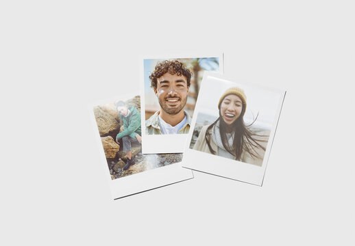 Mockup of three customizable instant camera prints with plain and transparent background