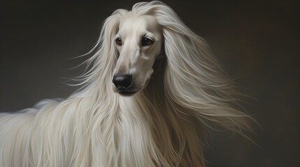 A portrait of an Afghan Hound captures the essence of its noble lineage, with a flowing coat, grace