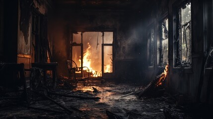 Burnt room. Accident in the house due to fire - obrazy, fototapety, plakaty