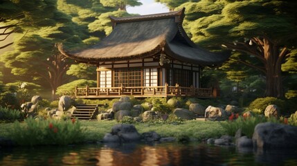 An ornamental Japanese tea house with a thatched roof in a serene garden.