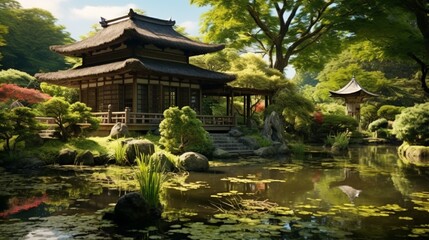 Fototapeta premium An ornamental Japanese tea house with a thatched roof in a serene garden.