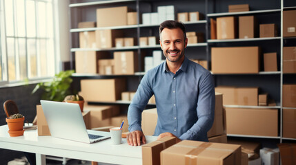 A happy man at the office preparing boxes and delivering sales. Concept of selling products online. - obrazy, fototapety, plakaty