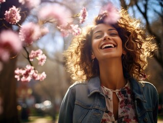 A woman smiling in front of a flowering tree. Generative AI.