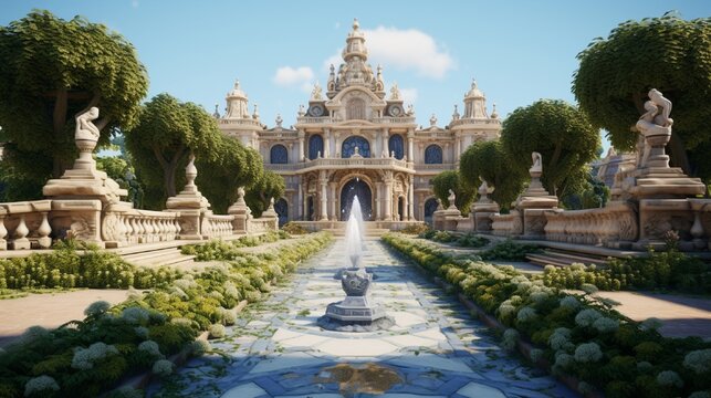 A baroque palace garden with sculpted hedges and fountains.