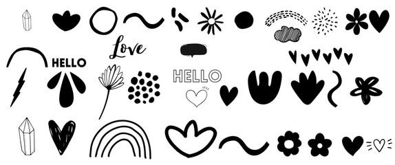 Fototapeta premium collection of doodles, hearts, flowers, rainbow, abstract shapes. 