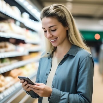 woman with smartphone in supermarket, AI generated