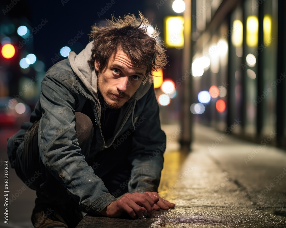 Poster a man crouching down on a sidewalk at night. generative ai.