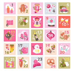 Cute girlish Christmas advent calendar for preparation to winter holidays and party celebration