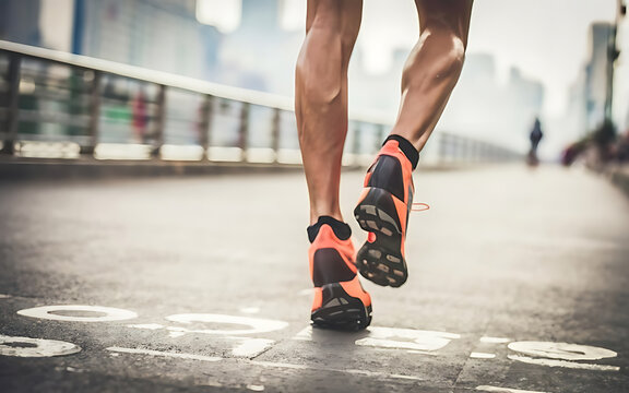 Close up athlete feet running on city road Generative AI